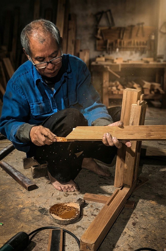 Nghệ nhân đang chế tác đồ gỗ cao cấp